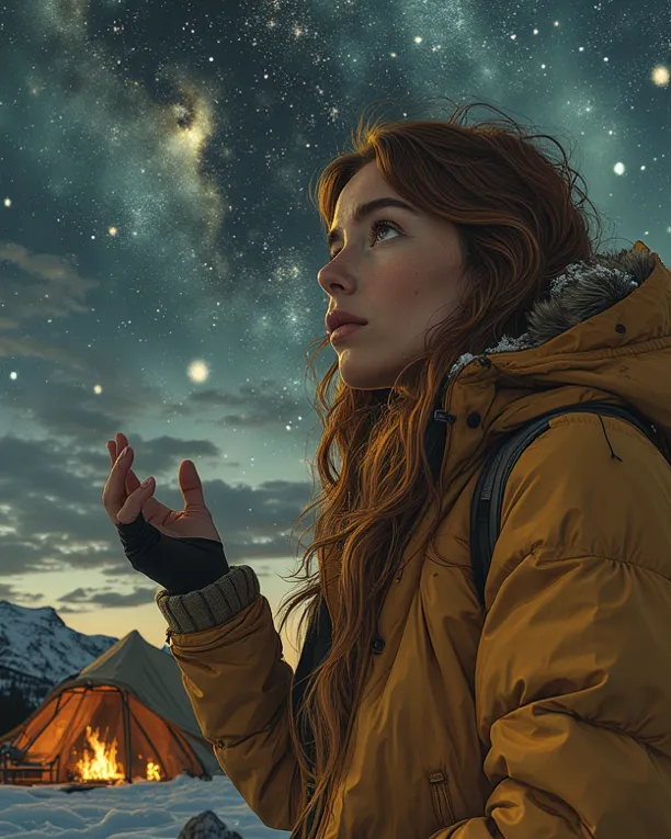 Low-angle waist-up NatGeo portrait: 24yo chestnut-haired beautiful female adventurer in Canada Goose parka gestures to Orion under full moon. Bioethanol firelight, Aurora-lit Milky Way, luxe geodesic tent behind. Details: frost on collar, Leica telescope, ...