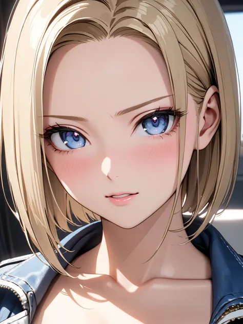 Eyes are hearts, blush:1.5,  with a horny face :1.5, (Android 18), masterpiece:1.5, masterpiece, highest quality, UHD, retina, masterpiece, accurate anatomy, super detailed, high quality, best quality, 8k