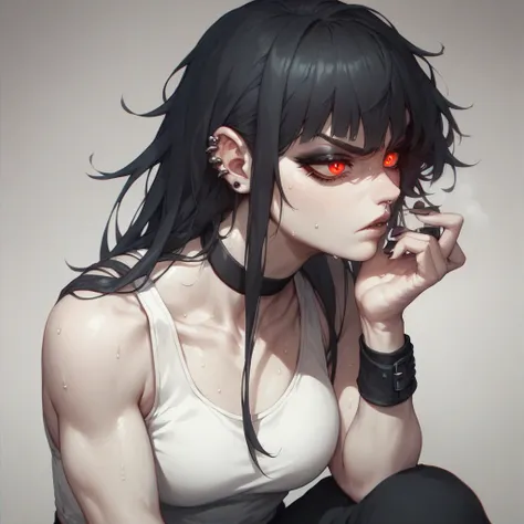 A ash pale skin goth girl long black bob long fringe hair glowing red eyes,white tank top,black sweat pants,bulging veins ,black wristbands,pretty face,slighly annoyed,upper body