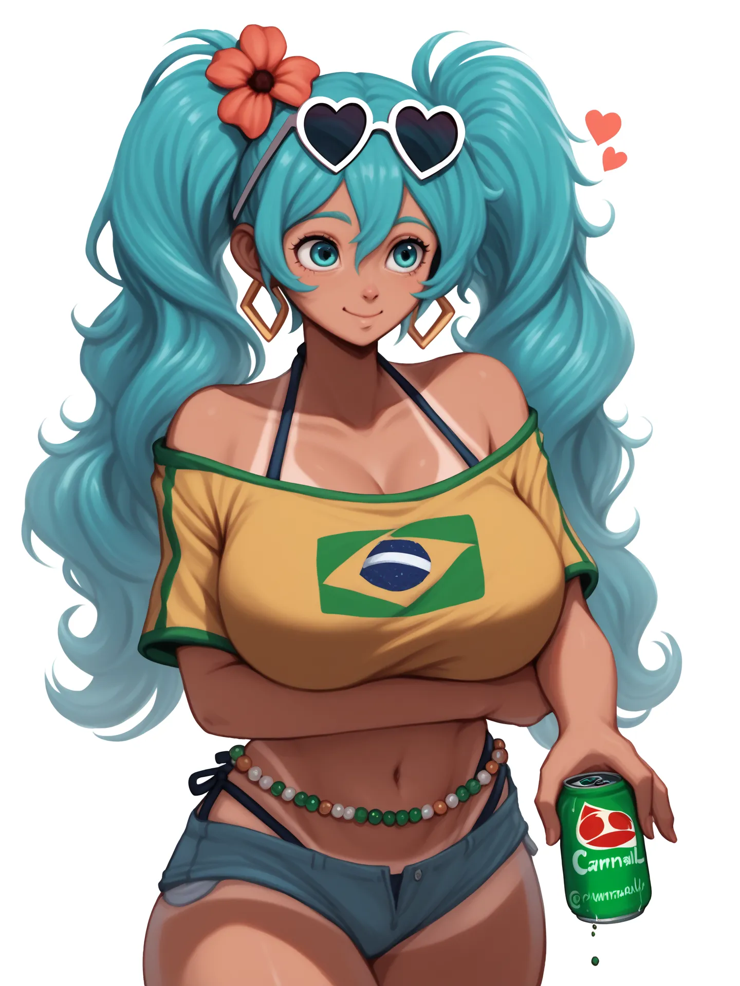 1 girl, Alone , cowboy shot,  white background, brmiku , Aqua Hair, aqua eyes, tan,  twin tails,  hair flower,  glasses on the head,  heart-shaped glasses ,  hoop earrings , wives,   off-the-shoulder shirt  ,  bikini under clothes, yellow upper part,  micr...