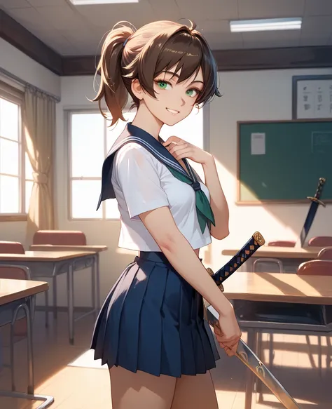 young mature beautiful,cool,tomboy,lady,brown ponytail hair,green eyes,tsurime,Small breasts,Wearing sailor School uniform,Dilapidated concrete room,Ridicule,Wooden sword on shoulder,Fearless smile,standing,1960s,japan,