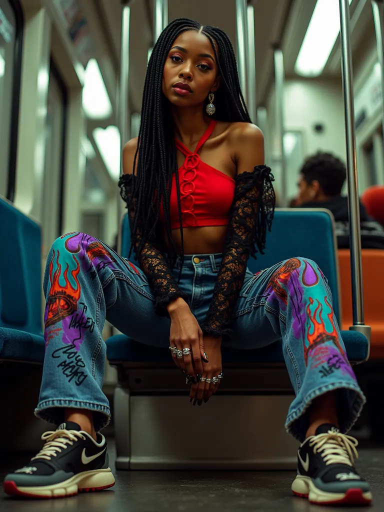 A young Black hip-hop dancer in her early 20s, exuding confidence and style. She wears a red slim halter drawstring top paired with a black lace ribbon bolero shrug and straight-leg jeans featuring bold flame designs in purple, turquoise, and fiery red tha...