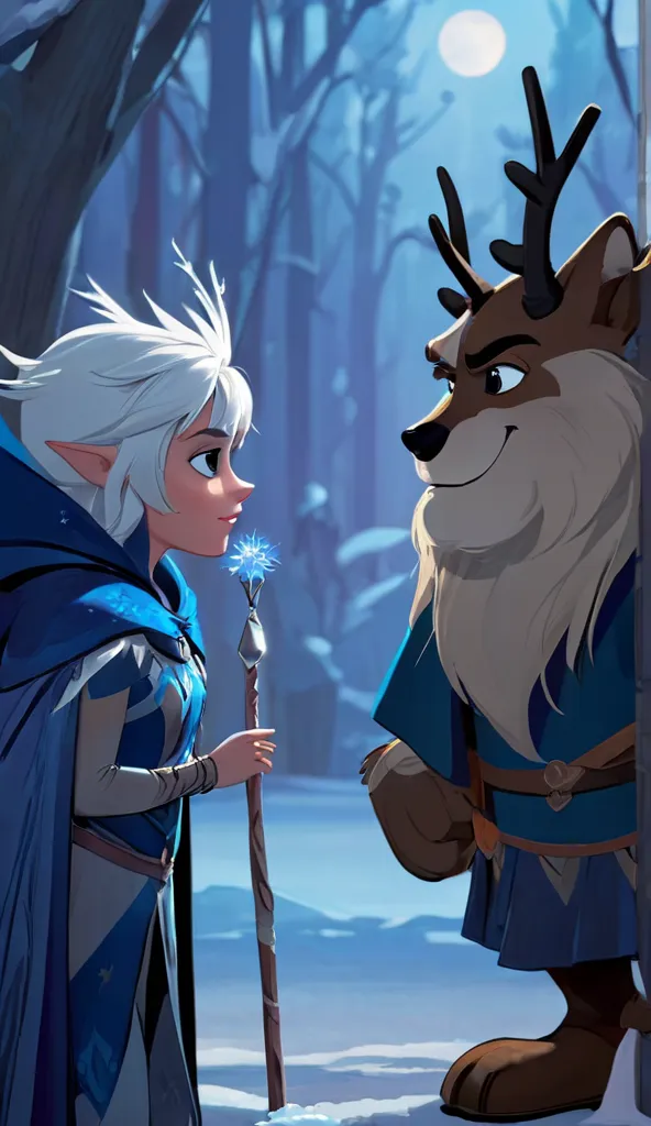 A cartoon of the character “Jack Frost”, from the cartoon “The Guardians” talking to the character “Pocahontas”, da Disney.