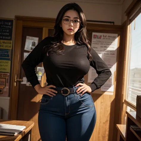 Dark photo style, a chubby Mexican emo nerdy teen, medium slightly wild hair, cute detailed brown eyes, cutely detailed lips, cute highly detailed face, huge voluptuous sagging breasts, thin thighs, thin hips, wearing long-sleeved school sweater blouse tuc...