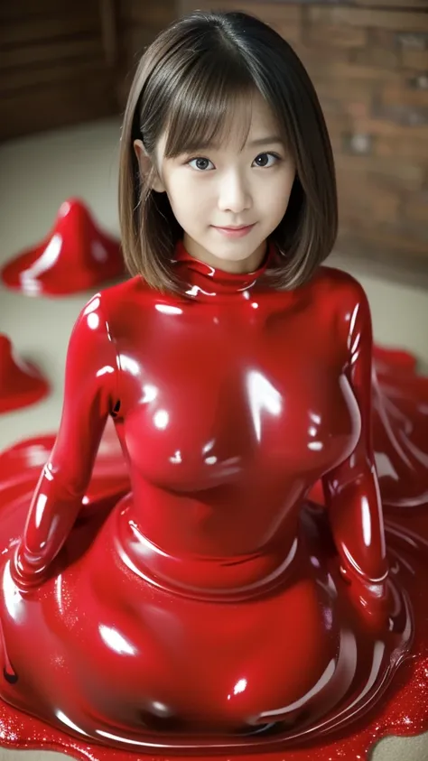 ((Masterpiece,  top quality, extremely delicate ,  perfect face,  detailed eyes,16k,   High Definition  ,realistic photo,young japanese girl,  raw photo,Very cute red slime girl:1.2 ,very beautiful girl)),((body of high viscosity red slime :2.0  , the whol...