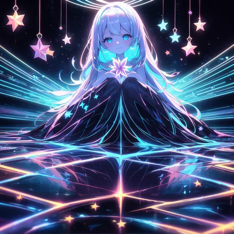 best details、TOP QUALITY、Greatest Masterpiece、Super Detail、 High precision、 masterpiece、smile、 anime girl with long white hair, dark green hair、可愛い anime girl with long white hair、smile、((Plumeria))、many chrysanthemum、fractal art、Gwaiz、star,Black Light、 ne...