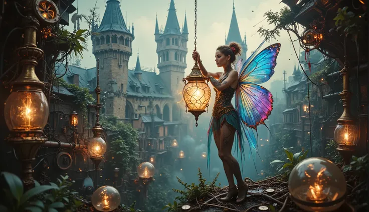 A whimsical fairy with radiant butterfly-like wings, tinged with hues of blue, violet, and gold, delicately cradles an intricately designed lantern filled with swirling light. She stands amidst a swirling network of brass pipes, rotating gears, and suspend...