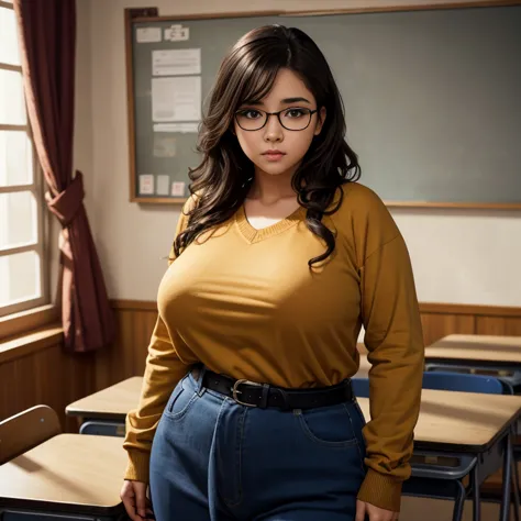 Dark photo style, a chubby Mexican emo nerdy teen, medium slightly wild hair, cute detailed brown eyes, cutely detailed lips, cute highly detailed face, huge voluptuous sagging breasts, thin thighs, wide hips, wearing long-sleeved school sweater blouse tuc...