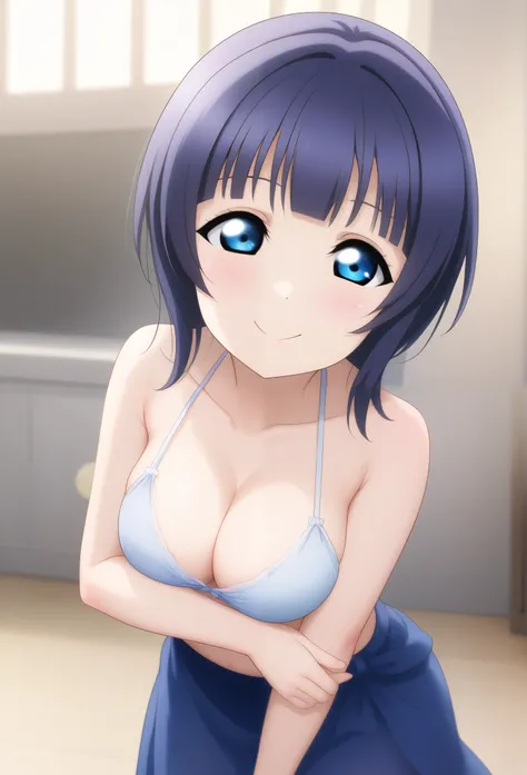 asaka karin, love live! nijigasaki high school idol club, love live!, love live! sunshine!!, love live! nijigasaki high school idol club, blue hair, black hair, medium breasts, breasts, blue eyes, wolf cut hair, turime, evil eyes, sexy, blunt bangs,   age ...