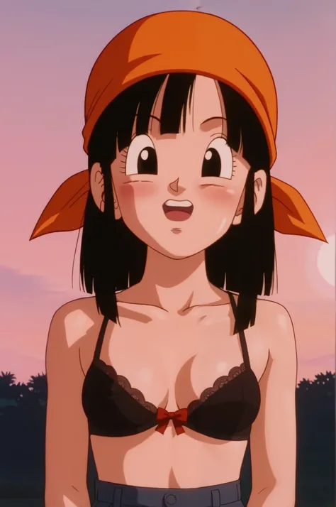 source_anime, score_9, score_8_up, score_7_up, anime screencap, pangt, 1girl, bangs, blushing, sexy face, grass, black hair, sunset, Watching the sunset, beach in open sea sunset, sun, collarbone, whole body, teeth, blunt bangs, outdoors, black eyes, eyela...