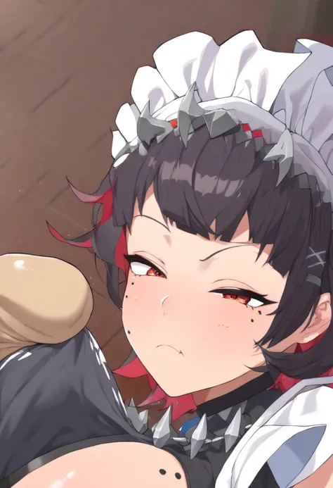 (Masterpiece, the best quality,  good quality :1.4), maid, ugly joe, 1 girl, Alone , upper body, maid apron, black dress, metal necklace,  mangas abullonadas, touched,  red eyes,  frown , squinting eyes, moles under the eye, giant breasts,  sucking a penis