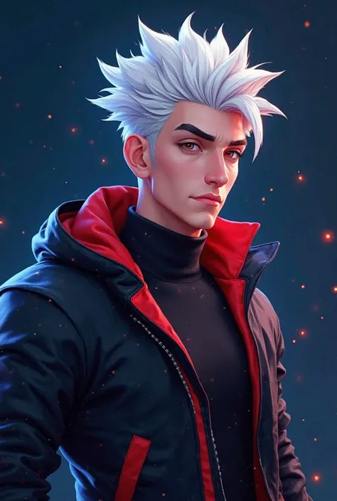 Take a YouTuber profile picture with the color navy blue and with a man with white hair and a black jacket with red details animated style