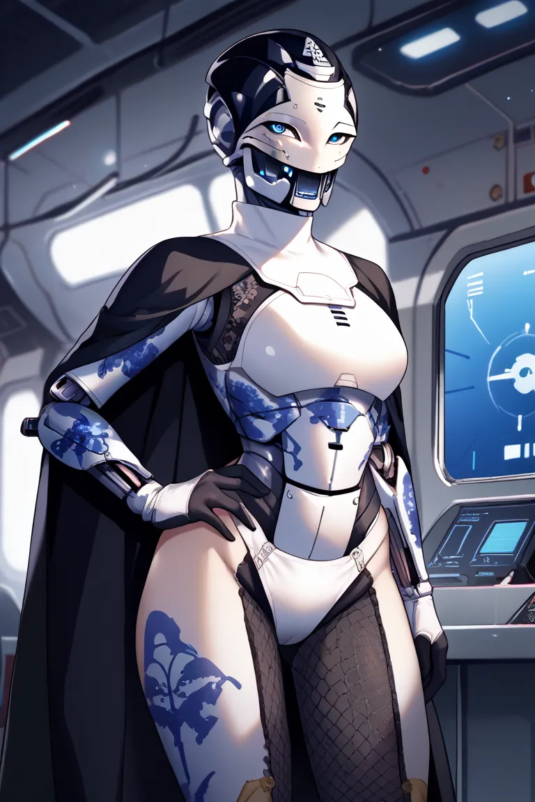 score_9, score_8_up, score_7_up, source_anime, solo, 1girl, d2ada-1, humanoid robot, android, mechanical parts, robot joints, mechanical legs, looking at you, standing, hand on own hip, helmet, black cape, armor, breastplate, science fiction, indoors, spac...