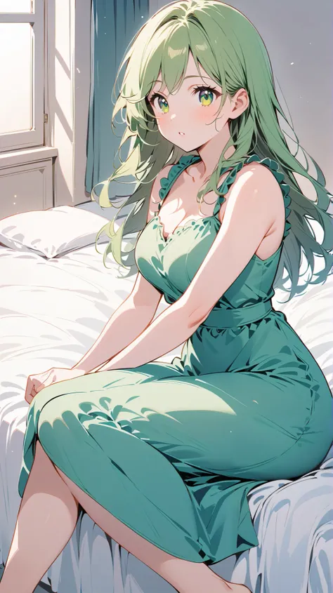 1 girl, Full Body Portrait, Green long hair , green eyes, sit on the bed , green dress,plain and unadorned , show your legs , show your arms,Mature charm, cute,Strong