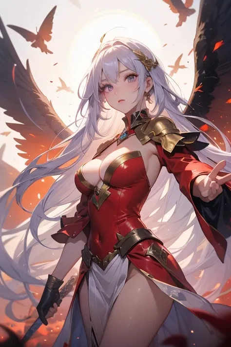 An army of、A young female archangel with very long hair, the scarlet gold warrior archangel costume long collar, strong outstretched arms, Combat pose, spread white and purple wings, 、huge two-handed sword in hands , create an atmosphere of war, archangels...