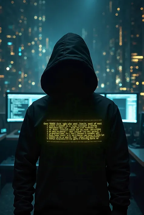 I want you to create an image with a hacker in the background and a yellow code on the hacker's front 