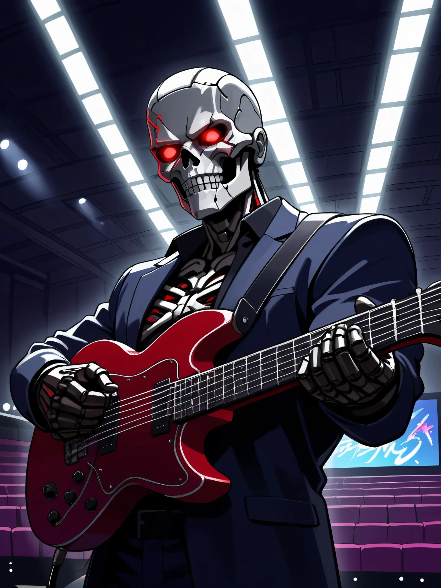 anime terminator endoskeleton, red highlights on body, red eyes, playing an electric guitar, frenetic action pose, theater stage, talent show