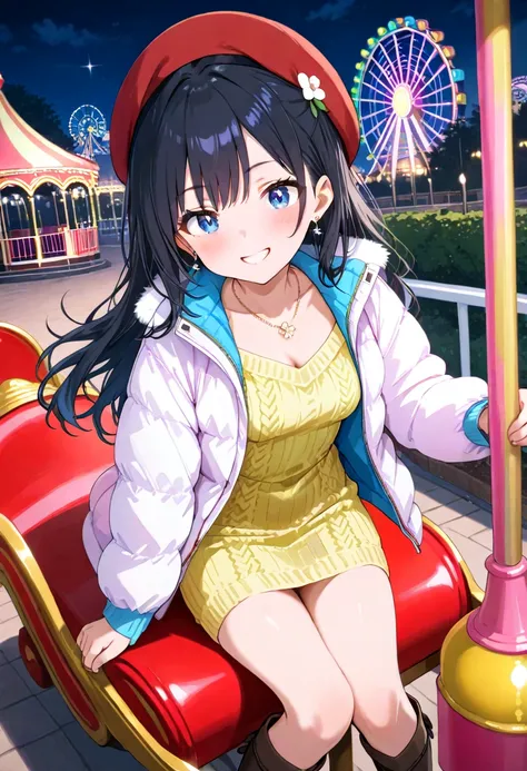 High quality high image quality 8k more precise girl,Black hair, half up, blue eyes, white down jacket, knit dress, red beret, long boots, flower hairpin, necklace, earrings, cute merry-go-round ride, amusement park, sparkling neon, energetic smile at nigh...