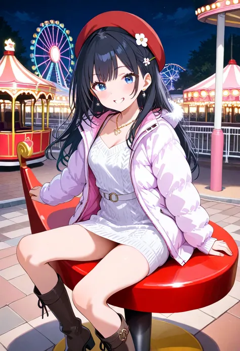 High quality high image quality 8k more precise girl,Black hair, half up, blue eyes, white down jacket, knit dress, red beret, long boots, flower hairpin, necklace, earrings, cute merry-go-round ride, amusement park, sparkling neon, energetic smile at nigh...