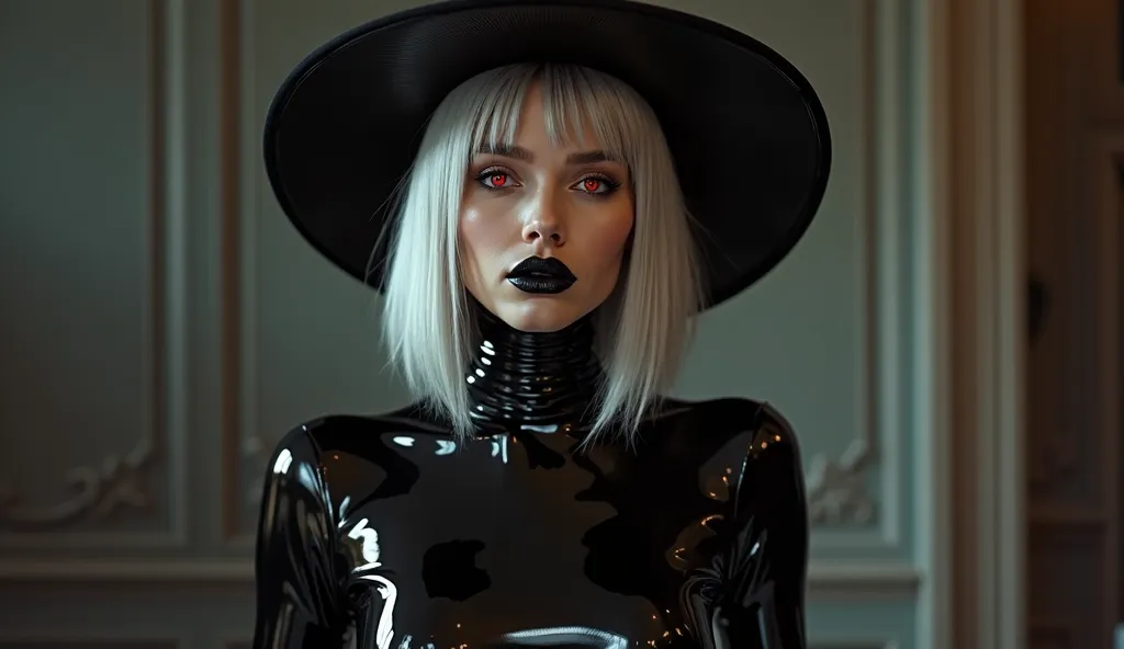 In a dimly lit room, a woman stands confidently, her very long bob cut silver metallic hair catching the faint light. You see her whole form from her boots, bodysuit, gloves, face, eyes, lips, nose, hair and the large shiny latex hat she wears. She is clad...