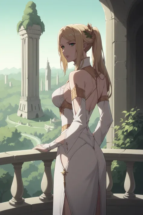 
KJOwhite, blonde hair, green eyes, long hair, half updo, eyeliner, gold hair ornament, ponytail, , cowboy shot, looking at viewer, looking to the side, balcony, nature, forest, building, city, ruins, 
(masterpiece, best quality:1.2), absurdres, highres,