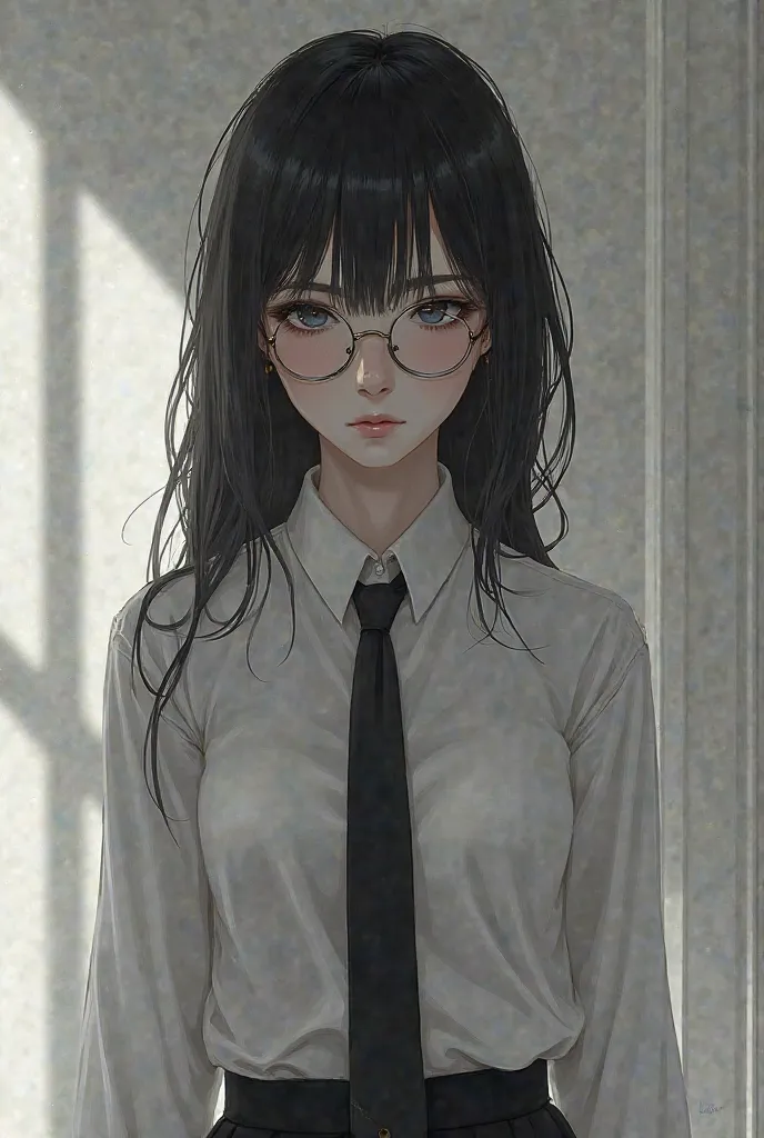 Girl with glasses with long sleeve and black necktie 