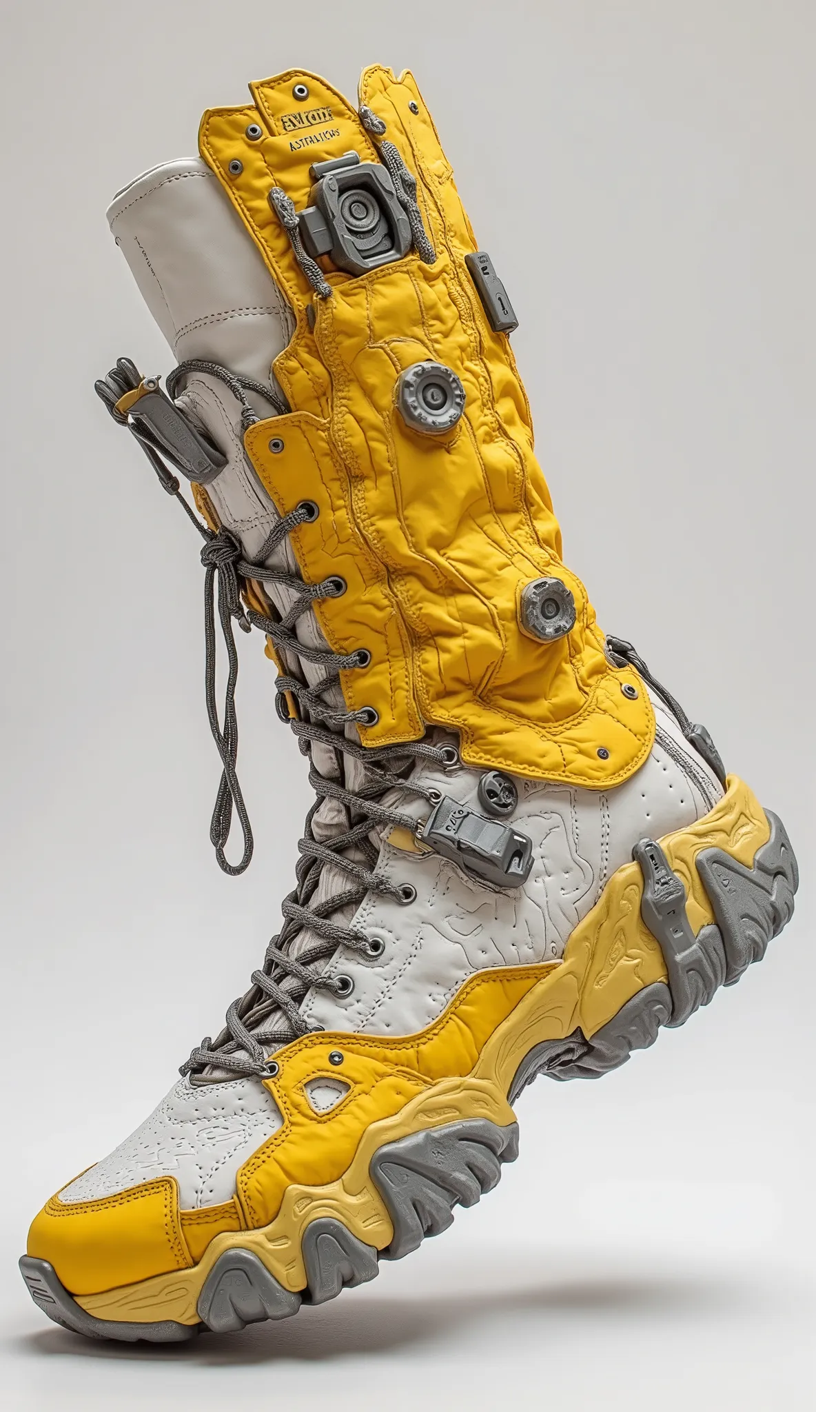 Lecocq High-Top Sneakers、Yellow & White, digital rendering inspired by Jakub Husnick,  Beeple wearing  , Neo-Dada, futuristic sneakers, sneaker design, basketball sneakers concept art, combat shoes, Borderlands Style  , Transformers movie style tech, milit...