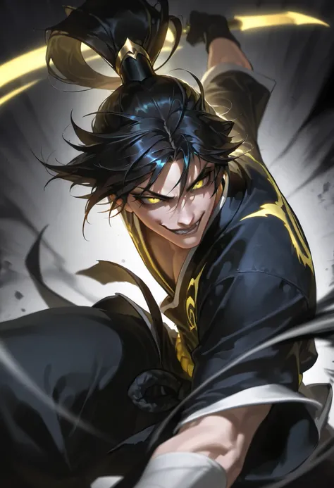 Score_9, Score_8_up, Score_7_up, Score_6_up, anthro,\(quality\), L0LSPL4SH, year2024, year2023, 1male, solo, upperbody, detailed face, taller frame, cruel smirk, yellow eyes, long samurai hairstyle, black hair, dark martial artist outfit,  L0LSPL4SH, dark ...