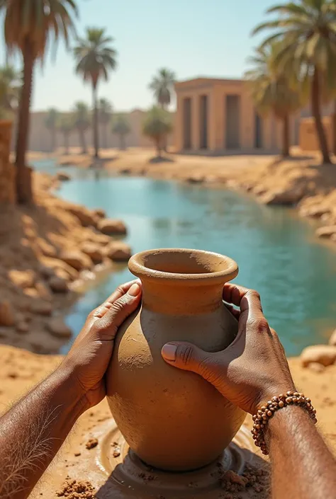 "POV vase of an artisan on the banks of the Nile, 1500 a.c. You are kneeling on the riverbank, with your hands dipped in the wet and cold clay, carefully shaping a. In front of you, the Nile meanders through the desert, your blue waters contrasting with th...