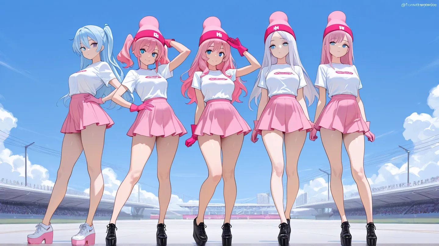 5girls, full body, bare legs, standing, light skin, pink long hair, sky blue eyes, white shirts, pink skirts, pink hats, pink gloves, platform shoes, chairmasterpiece, best quality,amazing quality