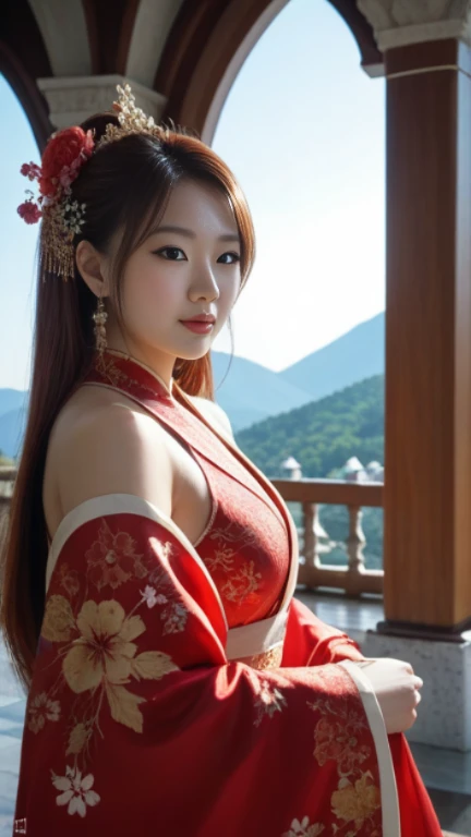  the most important work， best quality ，mid-term image，Beautiful woman，Full image，Full screen ，Beautiful woman in the morning。Japanese mountain woman，19-page oval，White face， sparkles， Long Brown Hair ，horse，horse，Everyone adorns her chest with red hair， w...