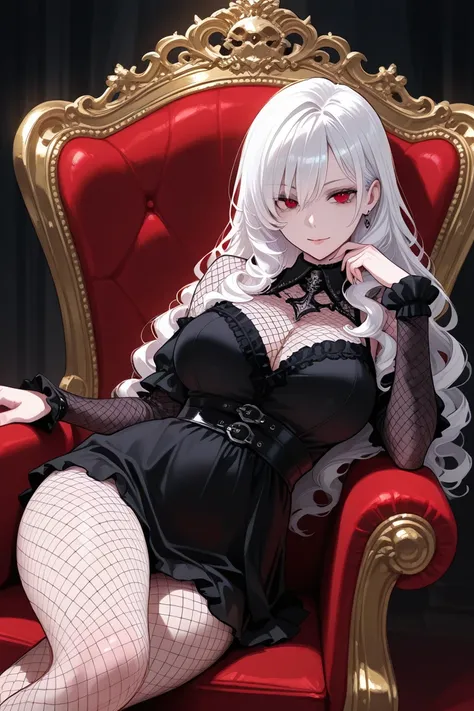 Gothic, attractive woman, curly white hair, red eyes, pale, in fishnet dress, on throne