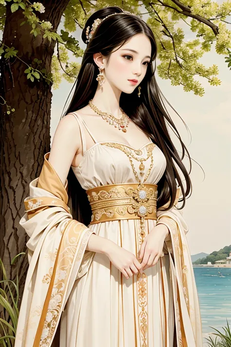 (high resolution, TOP QUALITY,  masterpiece, 8k), One Young and Beautiful Woman、 Moderate bust,   white lace half dress , Brown-black long hair 、Perfect face 、perfect style、necklace, earrings, Hair flowing in the wind,   Look at Me and Laugh, Inside a Pala...