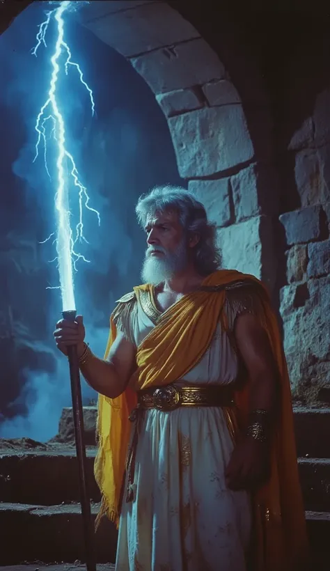 1995 fantasy movie film still, Cool tone film. Zeus was the king of the gods, and the most powerful. He was the god of the sky and thunder, and controlled the weather. He had different powers, his most famous being the ability to hurl lightning bolts at th...