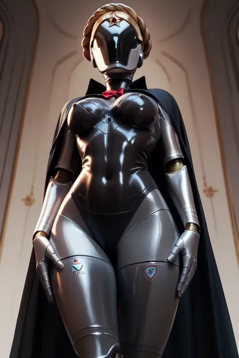 , 1 girl, standing, robot, metalic, helmet, black cape, cape covered, black latex, hands on thighs, 