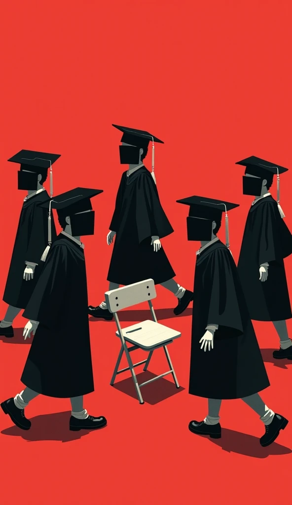 A conceptual illustration with a bold red background, featuring a group of graduates dressed in black academic gowns and mortarboards. Their faces are obscured by black rectangles, symbolizing anonymity or loss of identity. They are walking in a circle aro...