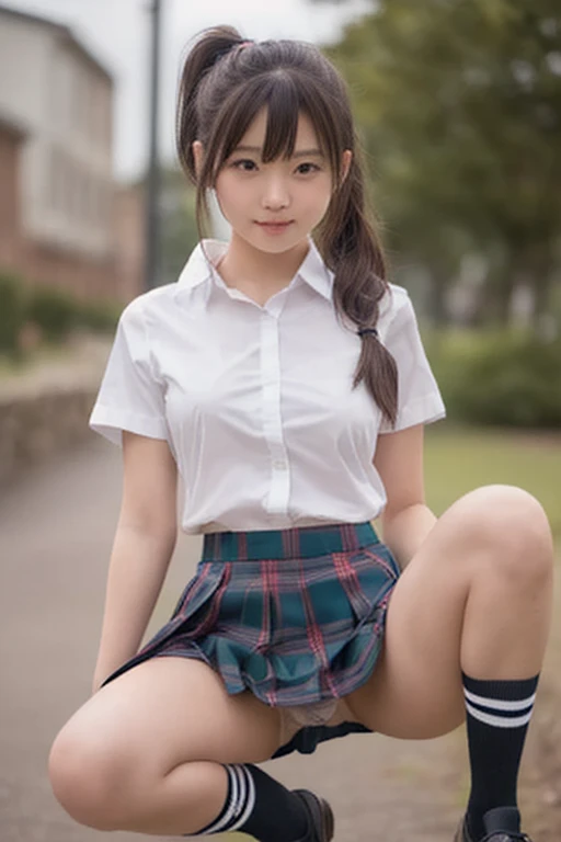 19 year old young face girl,(Side ponytail,fancy Hair ribbon),((school uniform cosplay)),(( stewart black tartan box mini pleated skirt)),(loafers and loosesocks),((flirtingly lifting her skirt to show her panties:1.3)),(striped panties)She shows us a litt...