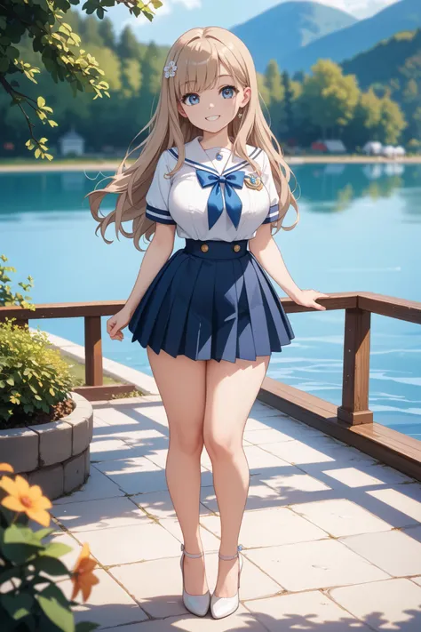 Perfect composition, Proper placement, Golden Ratio, masterpiece,  best quality,  high definition ,  one  Girl, Cute (Girl:(loli:1.5), full body focus, full body shot, view the viewer, smiling, standing,  Wearing a Japanese High School Sailor Suit:1.331, W...