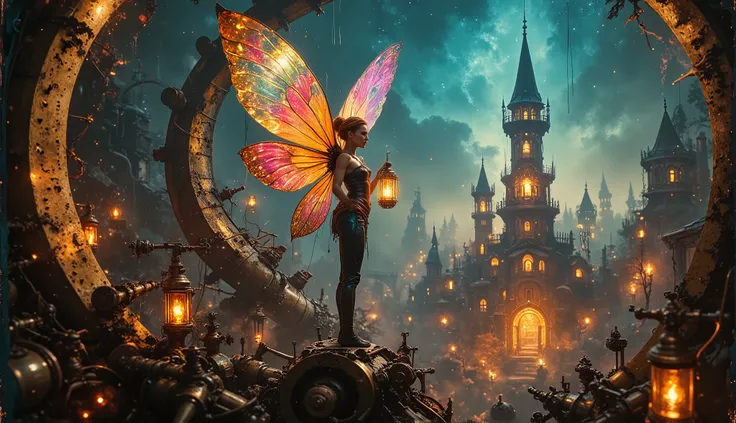 A vibrant fairy with shimmering translucent wings stands on the edge of a massive bronze gear, holding a flickering lantern infused with magical energy. Around her, countless mechanical components intertwine, creating an elaborate steampunk dreamscape. Glo...