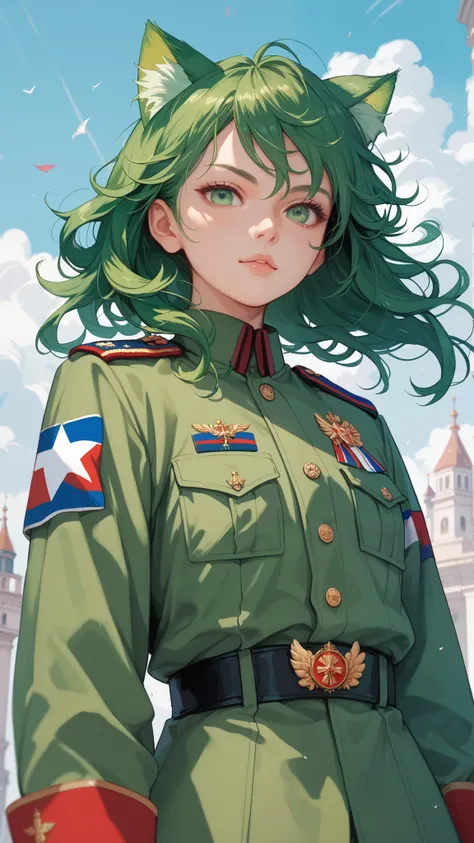 1 girl, green hair, cat ears, green eyes, loose hair,green ears, military uniform ,anime-style parade in Russia on Red Square