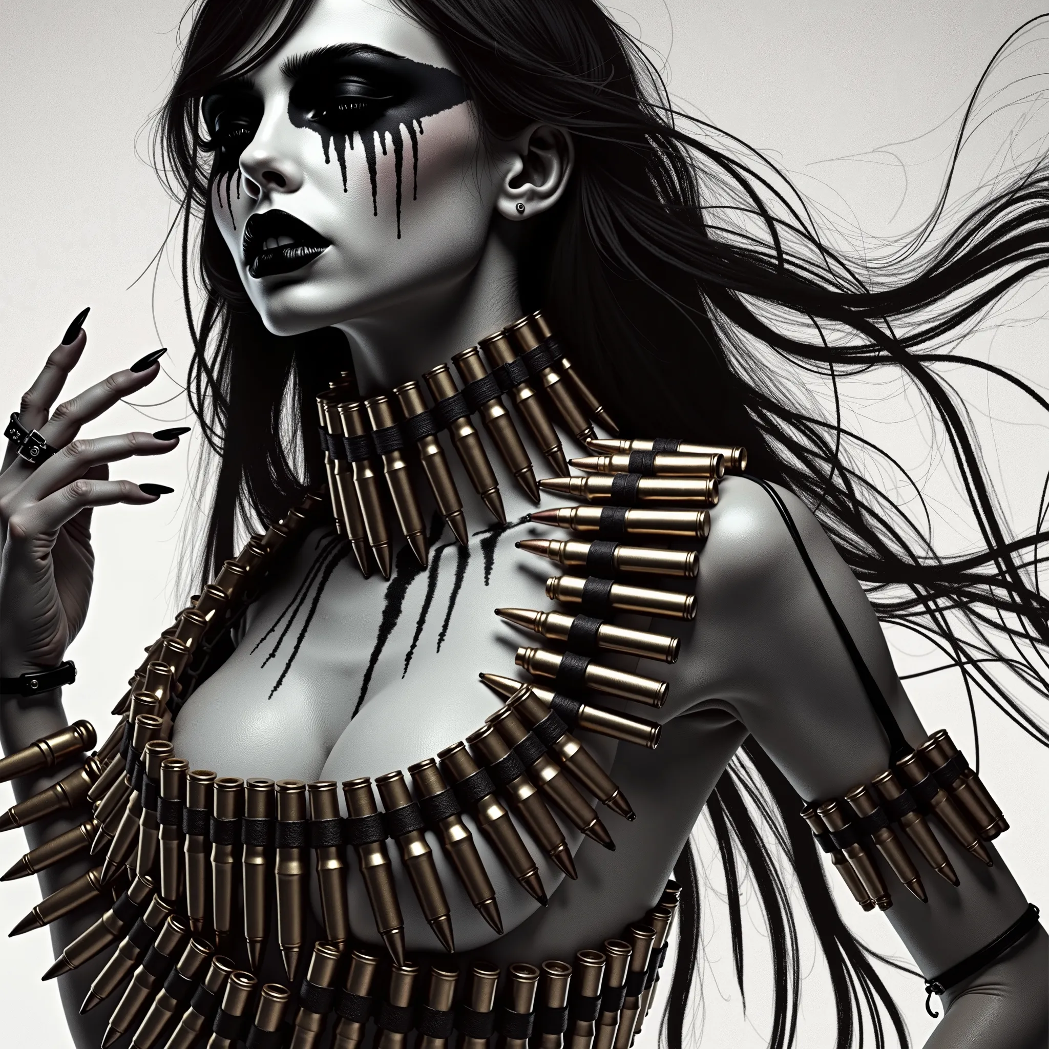 A hyperrealistic black and white profile of a fierce and powerful woman with long, flowing dark hair and pale skin. Her striking figure is adorned only by a golden bullet belt, with large brass-colored cartridges connected by metal links, draping diagonall...