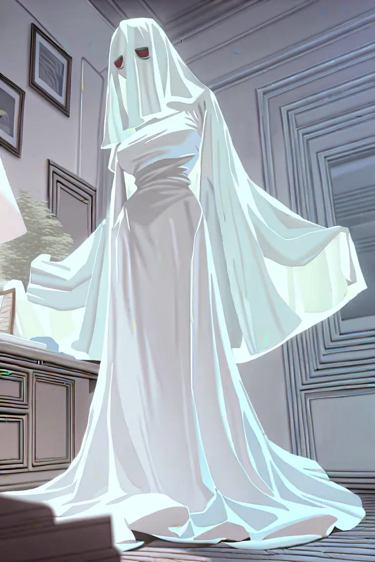 ghost girl, 1girl, dress, breasts, cape, indoors, solo, ghost costume, ghost, white dress, full body, 