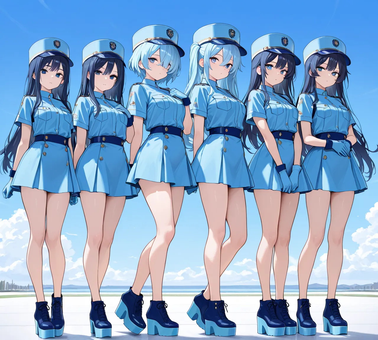 4girls, full body, dark blue long hair, sky blue eyes, standing upright, bare legs, light skin, sky blue shirts, sky blue skirts, sky blue gloves, sky blue hats, sky blue platform shoes, masterpiece, best quality,amazing quality