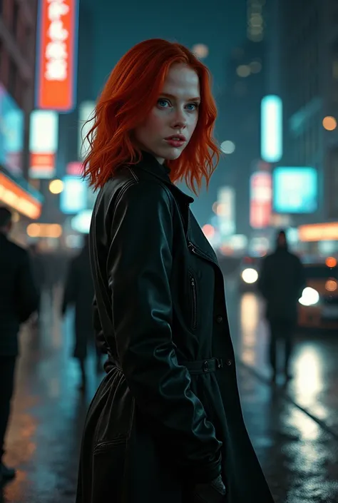 A red-haired woman with blue eyes through the city at night 