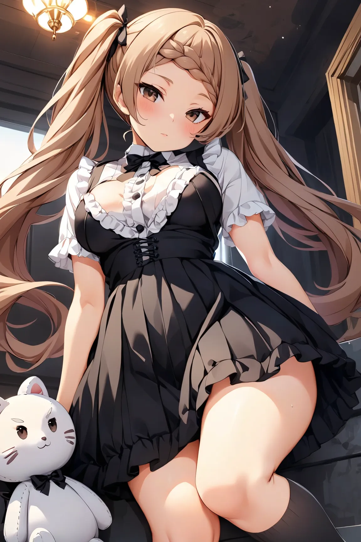 (  masterpiece,  TOP QUALITY,  so beautiful,   very accurate),  intricate detail on the edge of the garment,   high detailed background, perfect lighting TOP QUALITY, Miyoshinao  、  full body, １  girls on the left, deformed large animal plush toy,   light ...