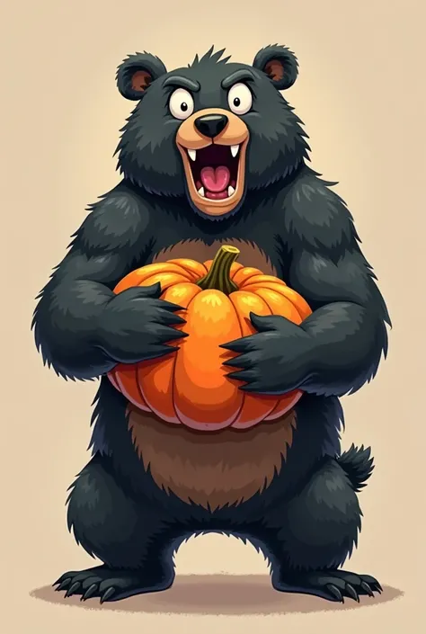 black bear facing the front of the screen roaring holding a pumpkin at its chest, make it a little cartoony