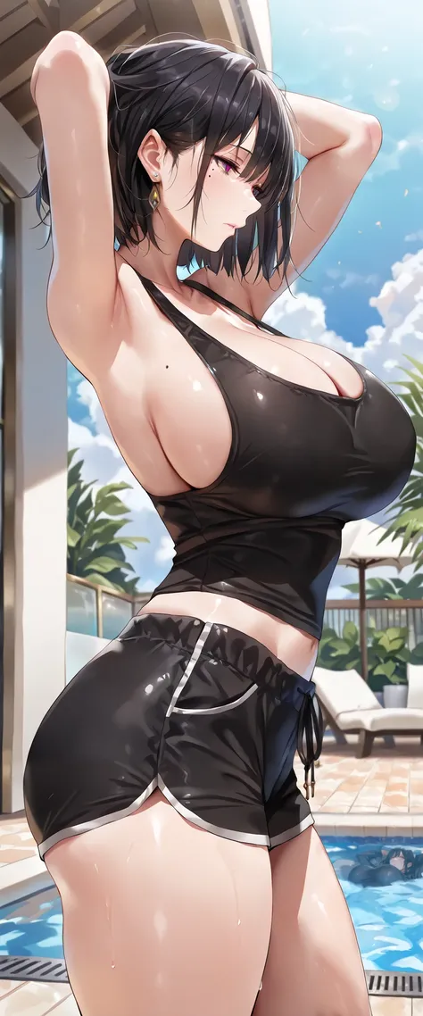 (masterpiece:1.5), (best quality:1.5), (ultra-detailed:1.3), (best quality:1.2), (highly detailed:1.2), (highres:1.2), semi realistic, (attractive woman:1.3), milf, voluptuous and curvaceous figure, black hair, short hair, mole under eye, earrings, colored...