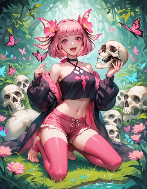 orchid mantis girl,traptrix mantis,1girl,solo,open mouth,navel,looking at viewer,smile,butterfly,barefoot,kneeling,midriff,:d,teeth,holding skull,skull,pink criss-cross halter,pink detached sleeves,pink hair flower,pink short shorts,pink legwear,plant,natu...