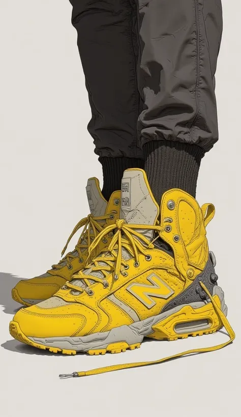 New Balance high-top sneakers、Yellow & White, digital rendering inspired by Jakub Husnick,  Beeple wearing  , Neo-Dada, futuristic sneakers, sneaker design, basketball sneakers concept art, combat shoes, Borderlands Style  , Transformers movie style tech, ...