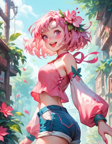 orchid mantis girl, traptrix mantis, 1girl, solo, open mouth, blush, from side, looking back, smile, midriff, teeth, nature, plant, :d, pink criss-cross halter, pink detached sleeves, pink hair flower, pink short shorts masterpiece,best quality,amazing qua...